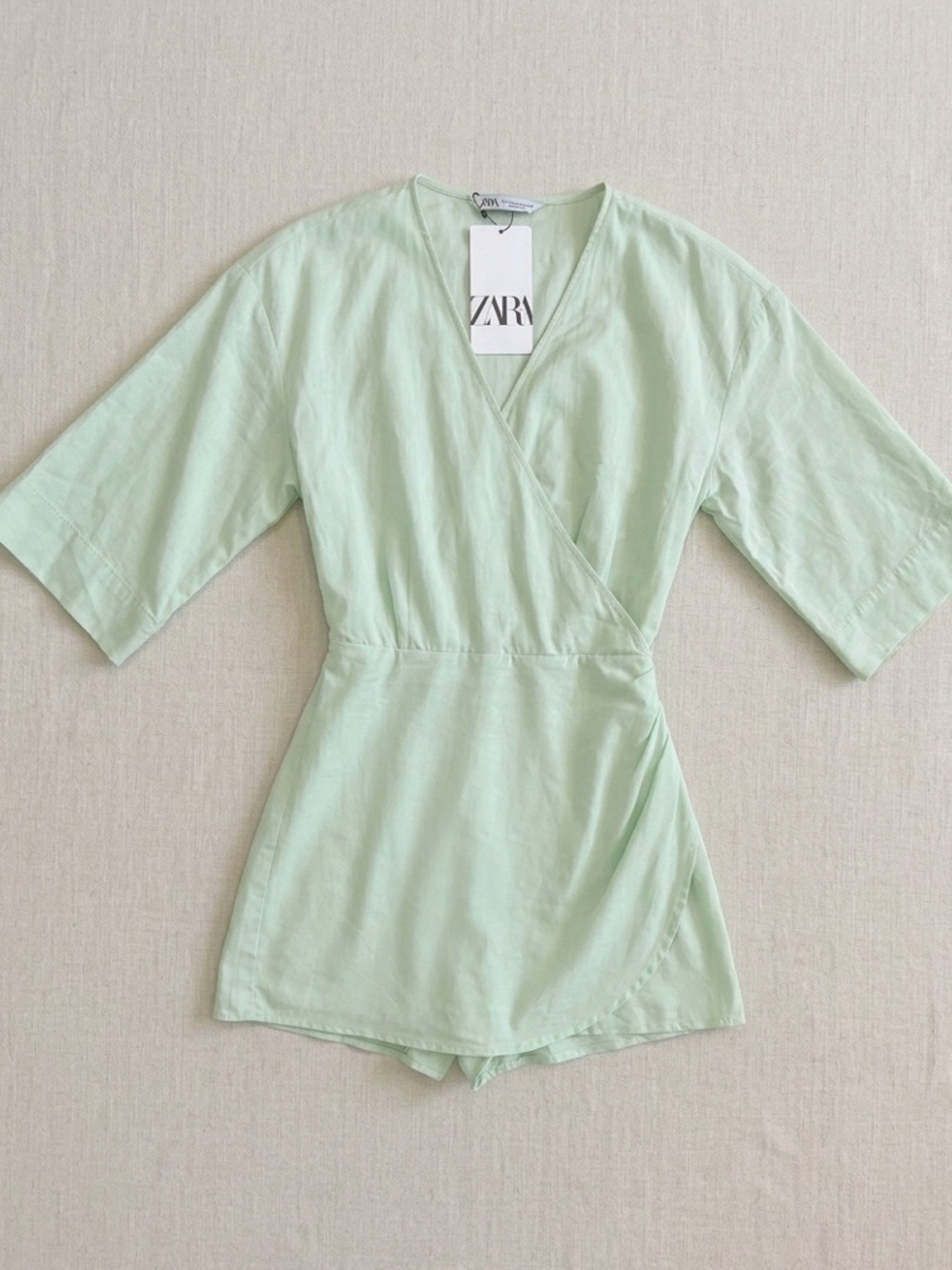Zara Mint Green Wrap Romper V Neck Summer Outfit Wide Sleeve Vacation XS NWT